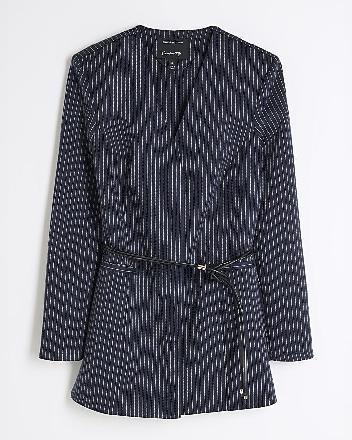 Navy Pinstripe Long Sleeve Belted Blazer