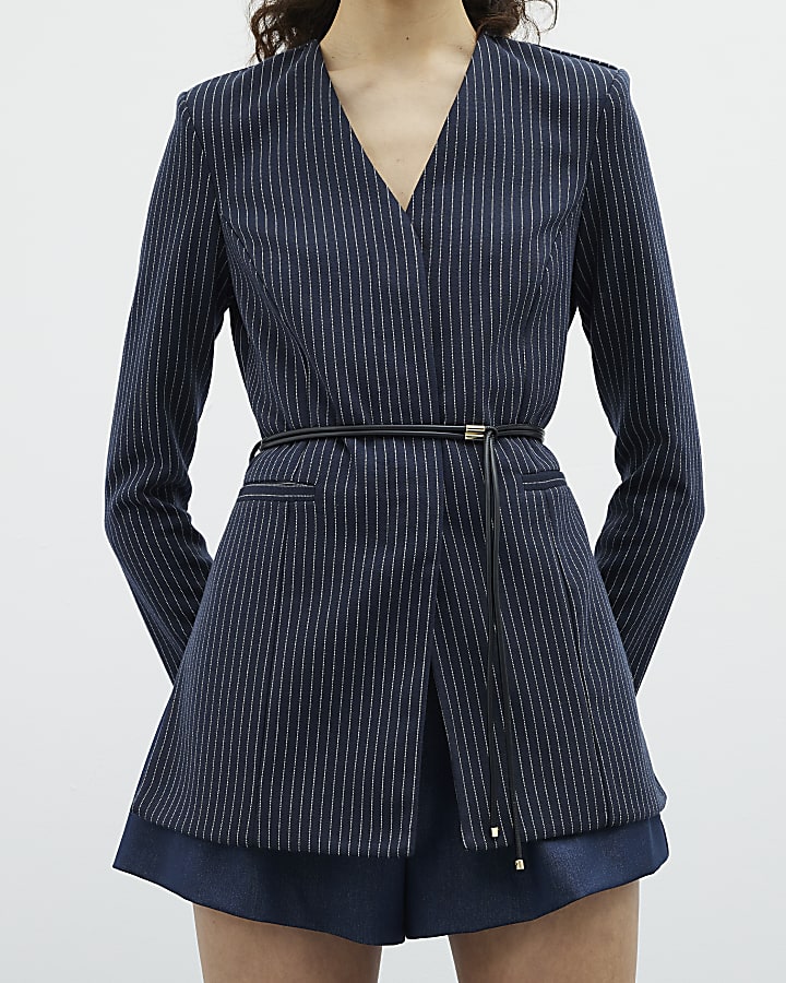 Navy Pinstripe Long Sleeve Belted Blazer