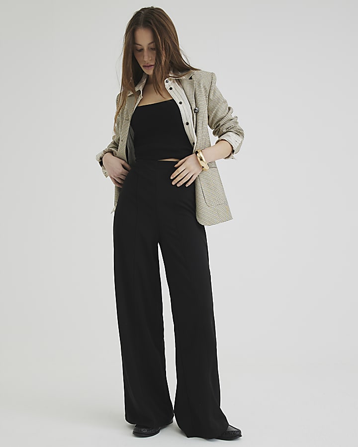 Black Wide Leg Stitch Detail Trousers