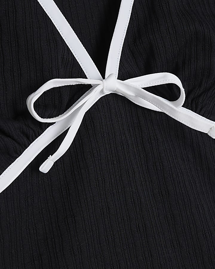 Black Contrast Bow Pointelle Loungewear Set