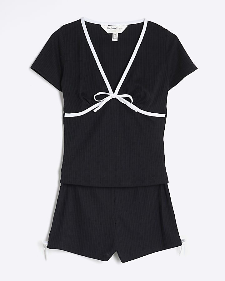 Black Contrast Bow Pointelle Loungewear Set
