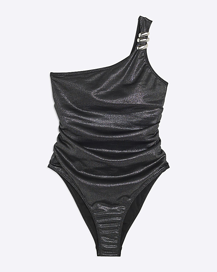 Black Wet Look One Shoulder Swimsuit