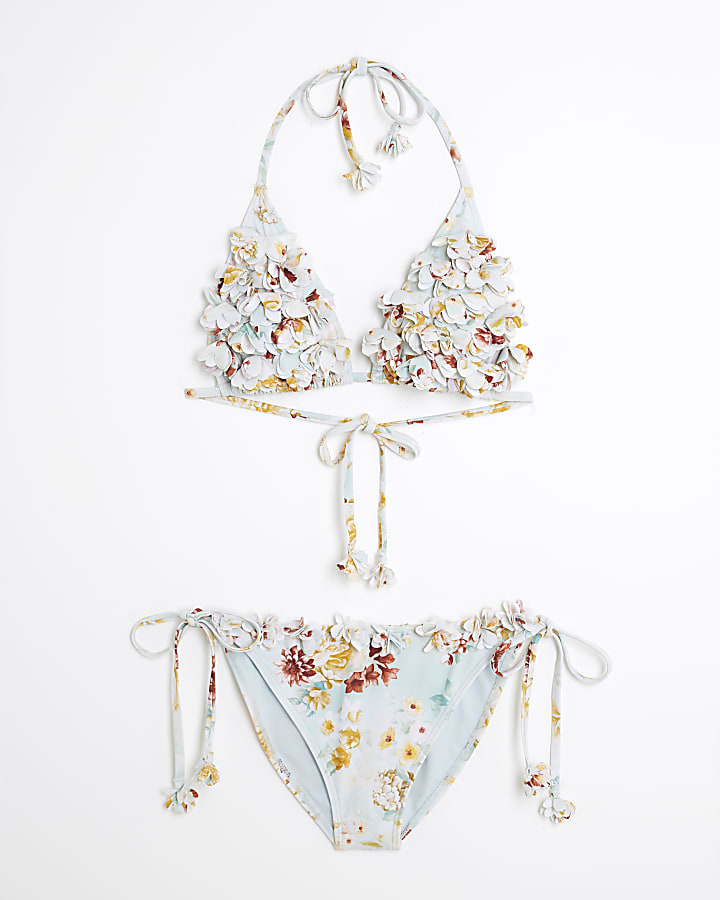 Blue 3D Floral Triangle Bikini Set