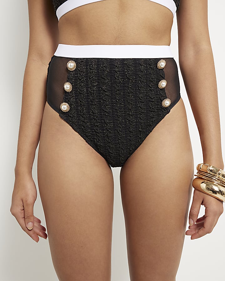 Black Metallic Textured Bikini Bottoms