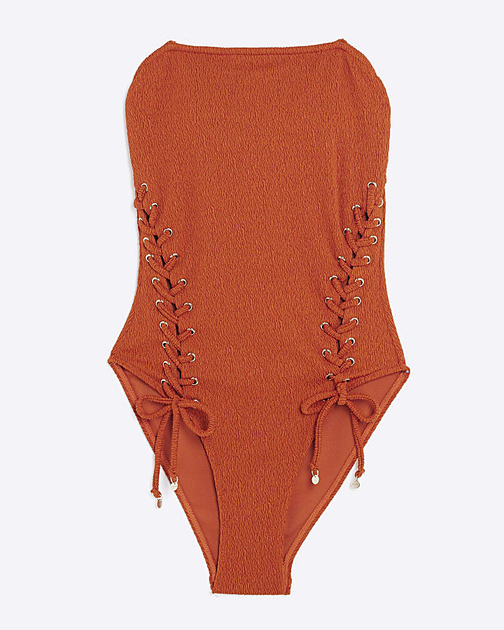 Orange Lace Up Bandeau Swimsuit