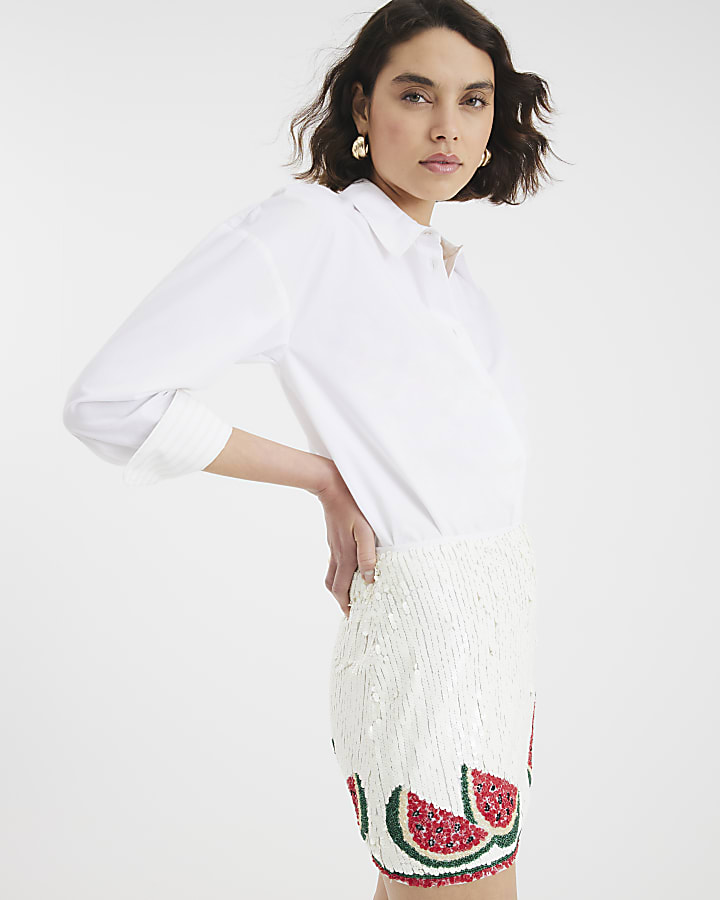 White Watermelon Sequin Mini Skirt