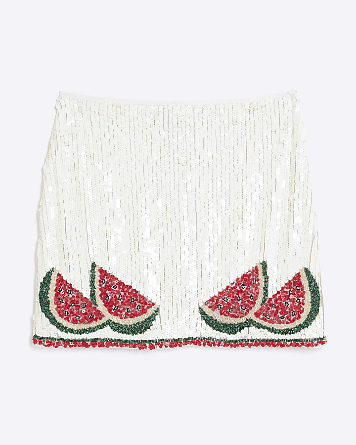 White Watermelon Sequin Mini Skirt