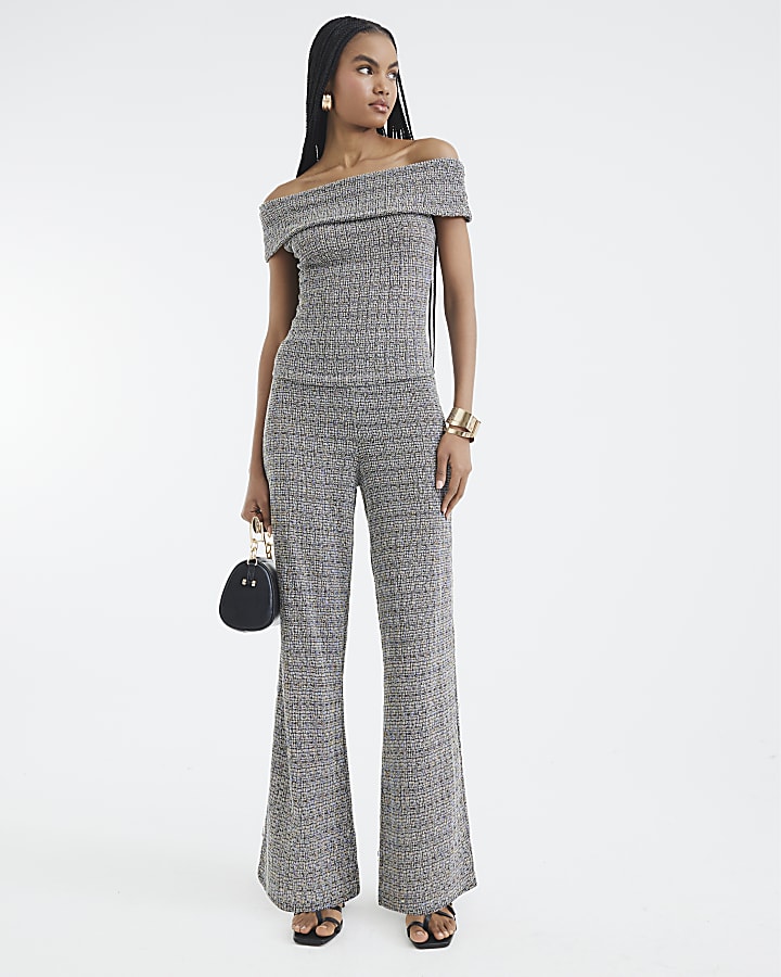 Grey Textured Wide Leg Trousers