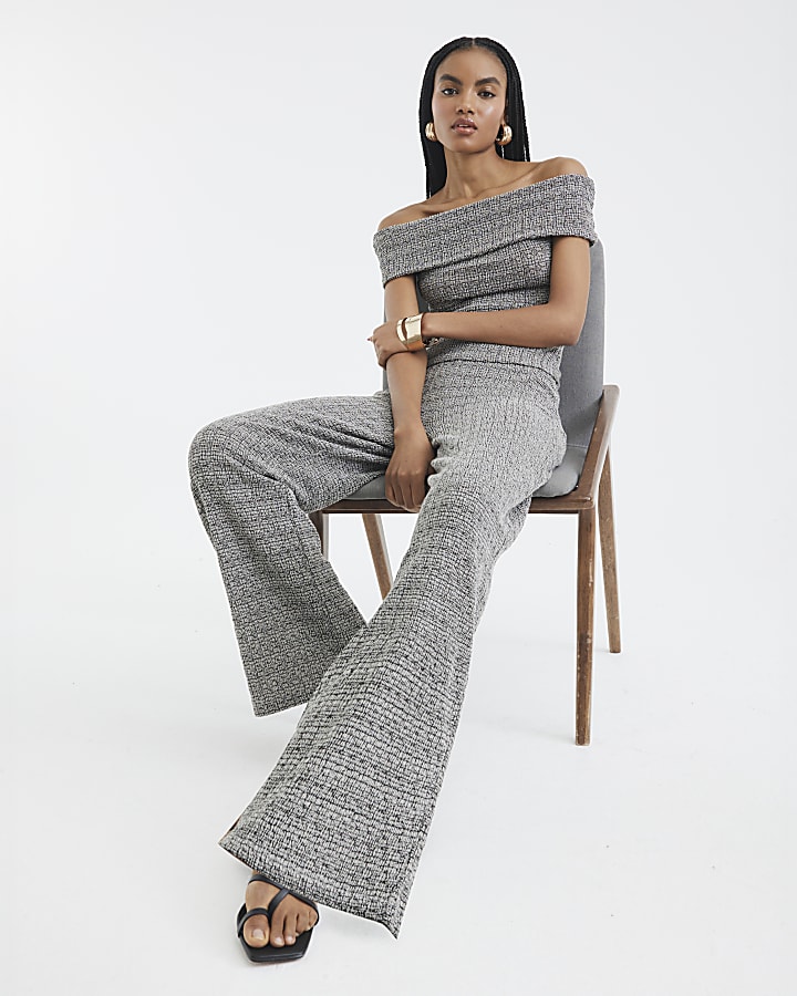 Grey Textured Wide Leg Trousers