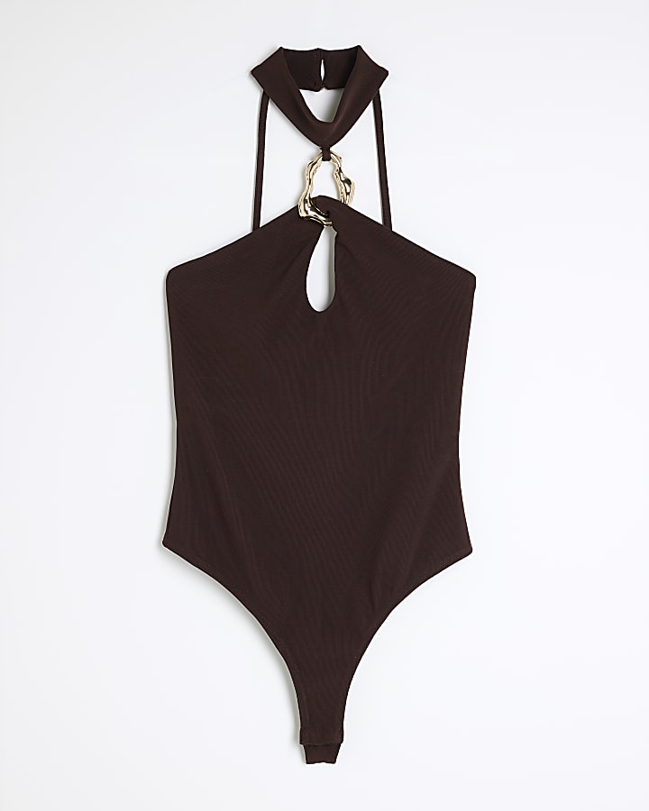 Brown Halter Neck Ribbed Bodysuit