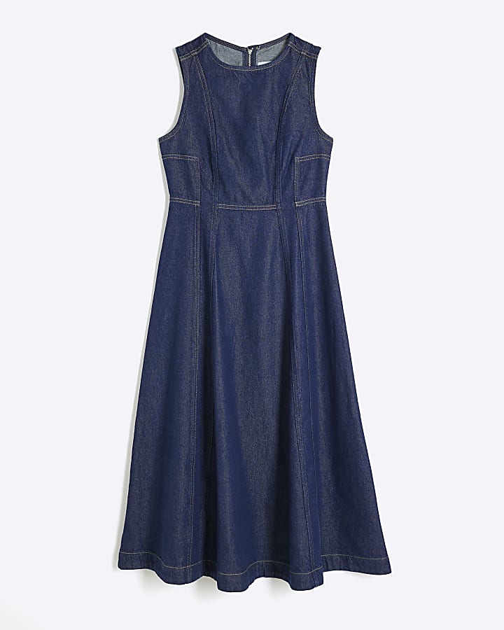 Blue Denim Sleeveless Midi Dress