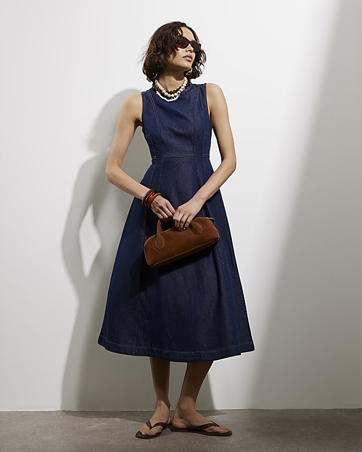 Blue Denim Sleeveless Midi Dress