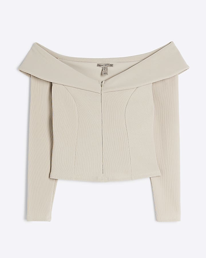 Stone Long Sleeve Ribbed Zip Front Bardot Top