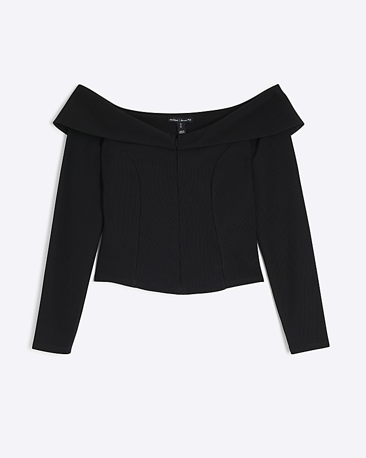 Black Long Sleeve Ribbed Zip Front Bardot Top