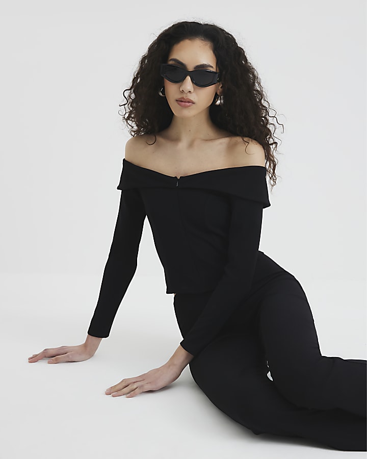 Black Long Sleeve Ribbed Zip Front Bardot Top