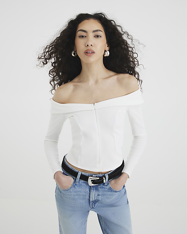 White Long Sleeve Ribbed Zip Front Bardot Top