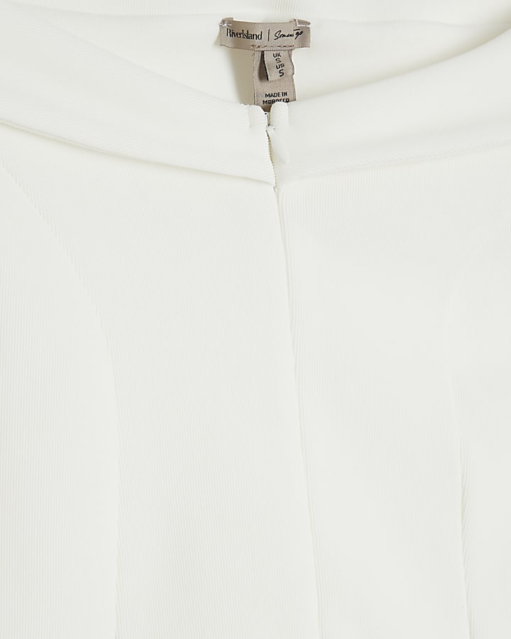 White Long Sleeve Ribbed Zip Front Bardot Top