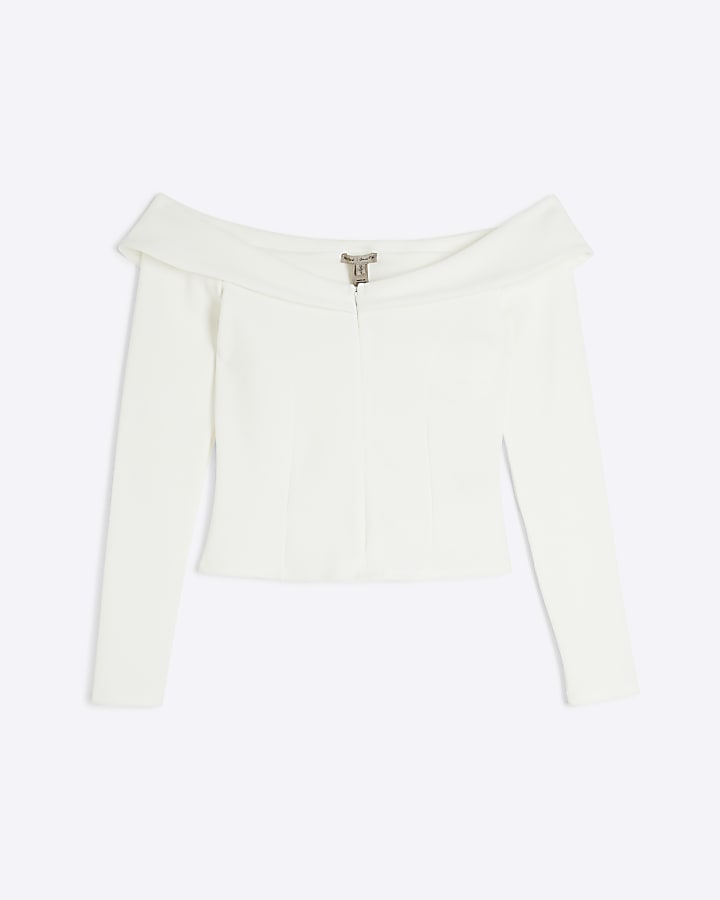 White Long Sleeve Ribbed Zip Front Bardot Top