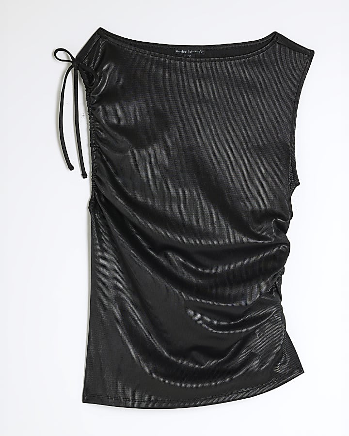 Black Sleeveless Coated Ribbed Drape Top