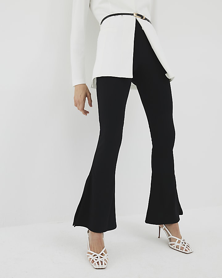 Black Ribbed Flare Split Trousers