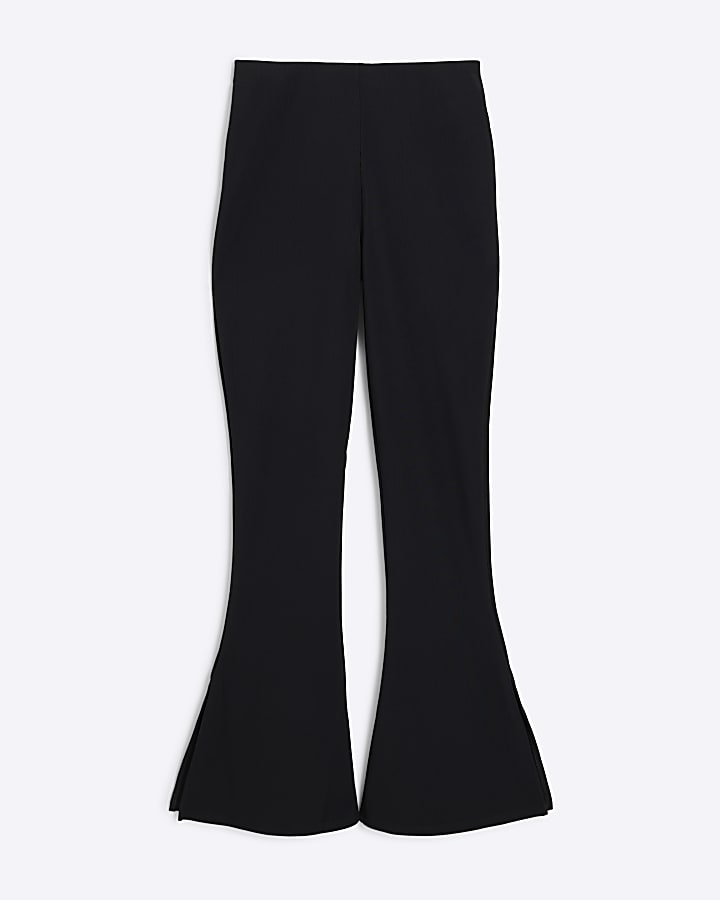 Black Ribbed Flare Split Trousers