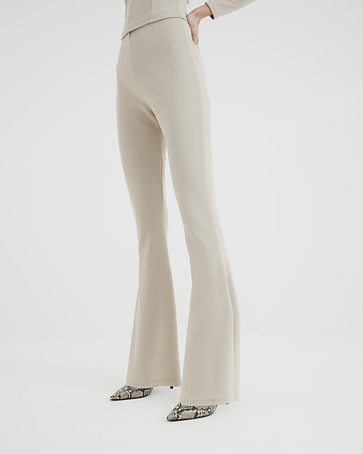 Stone Ribbed Flared Side Split Trousers