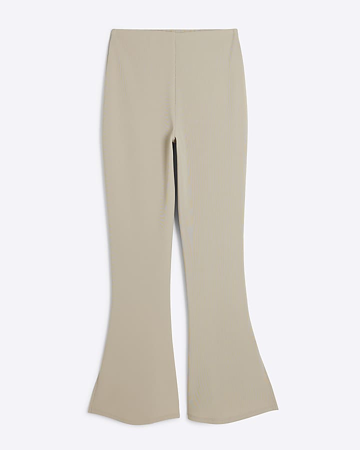 Stone Ribbed Flared Side Split Trousers