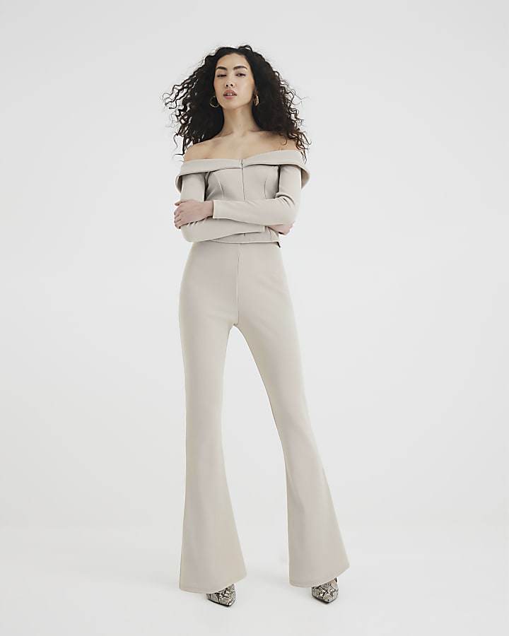 Stone Ribbed Flared Side Split Trousers