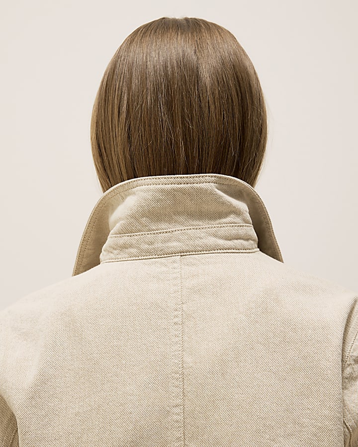 Beige Denim Long Sleeve Cropped Jacket