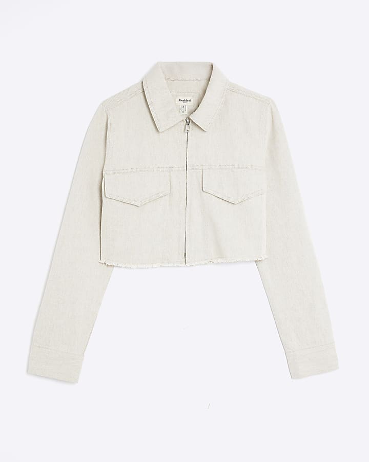 Beige Denim Long Sleeve Cropped Jacket