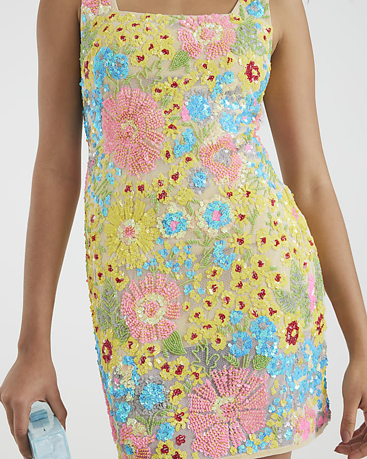 Yellow Premium Sequin Floral Mini Dress