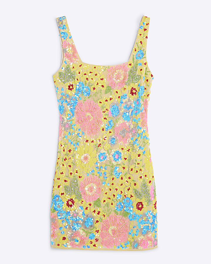 Yellow Premium Sequin Floral Mini Dress