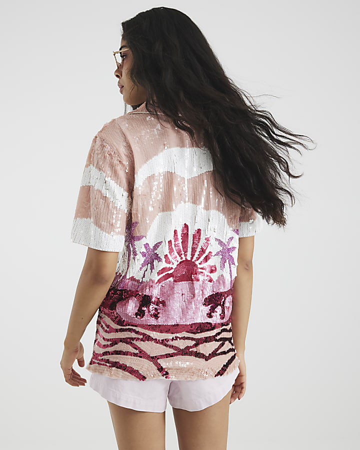 Pink Premium Palm Tree Embellished Shirt