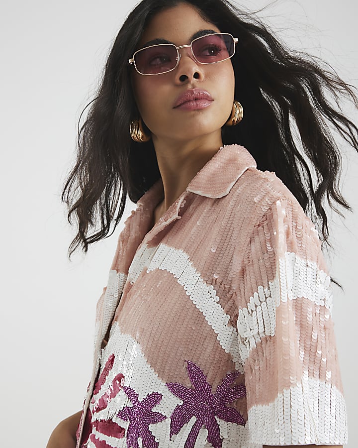 Pink Premium Palm Tree Embellished Shirt