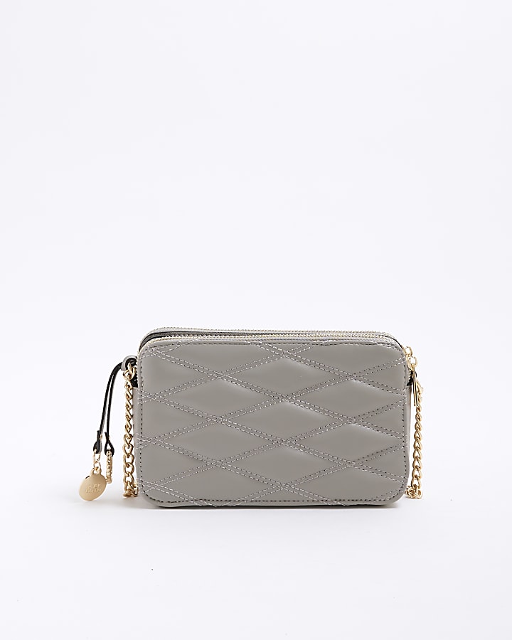 Grey Faux Leather Quilted Cross Body Bag