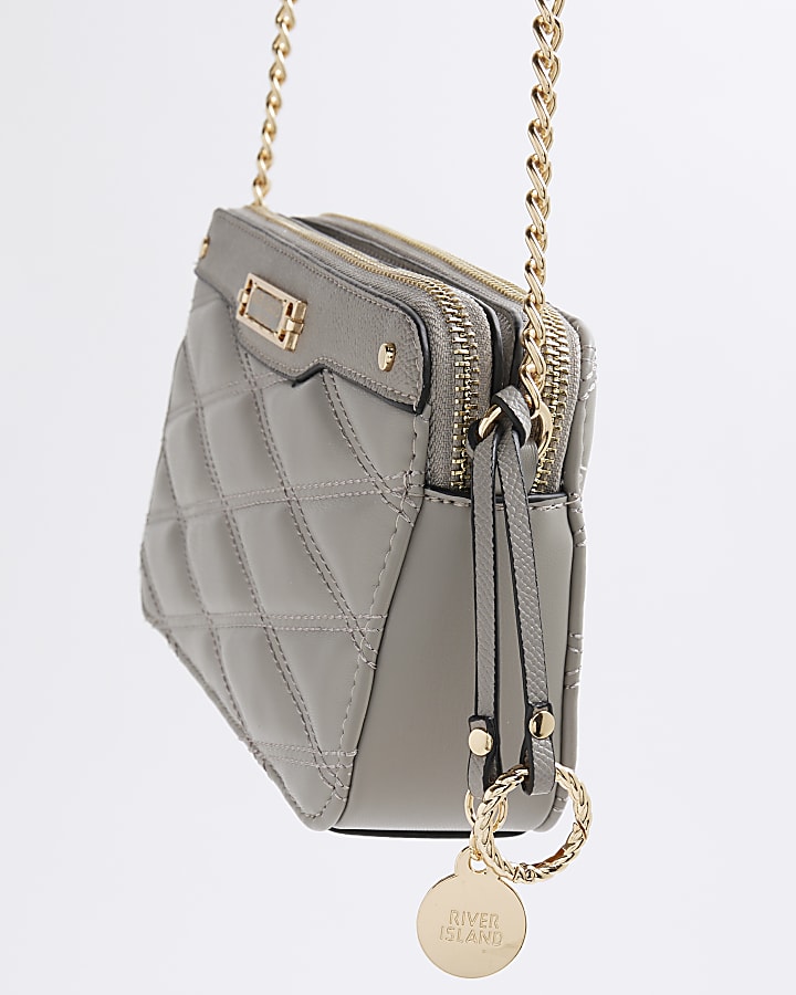 Grey Faux Leather Quilted Cross Body Bag