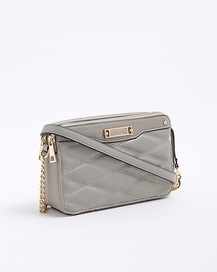 Grey Faux Leather Quilted Cross Body Bag