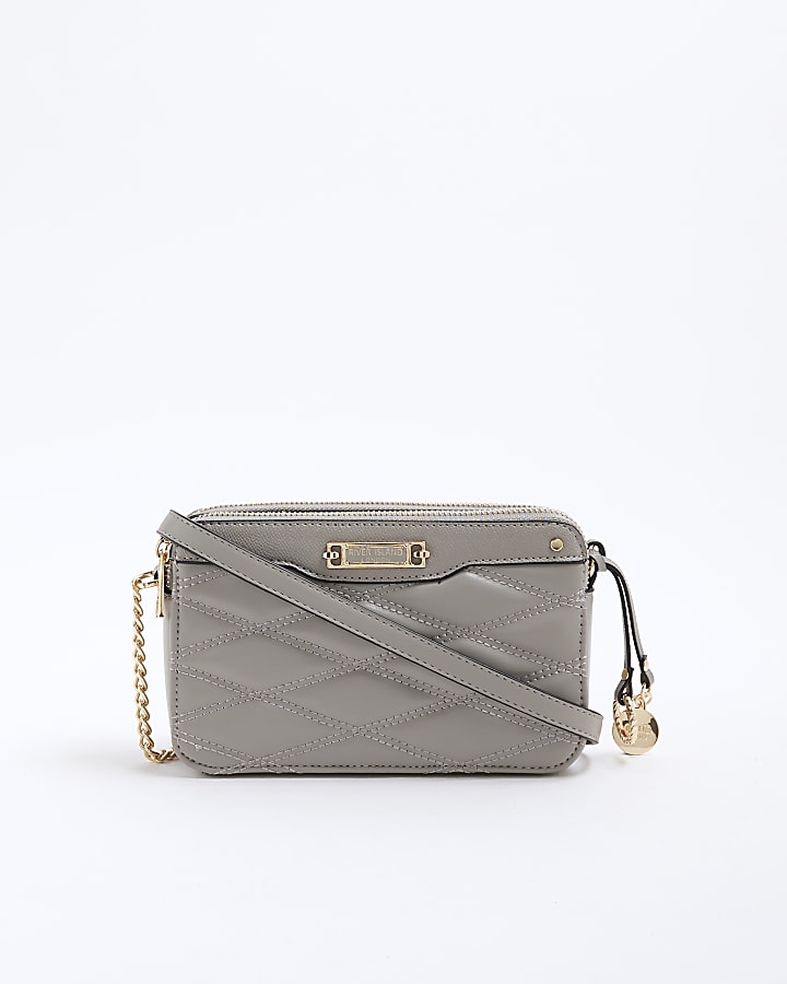 Grey Faux Leather Quilted Cross Body Bag