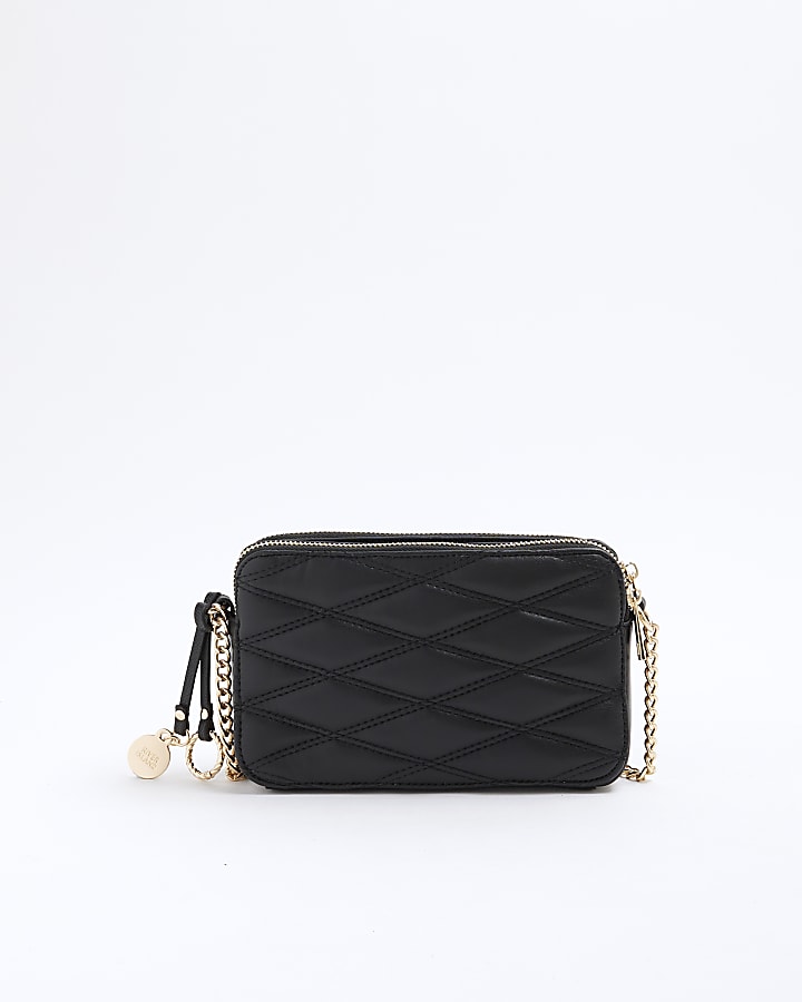 Black Faux Leather Quilted Cross Body Bag