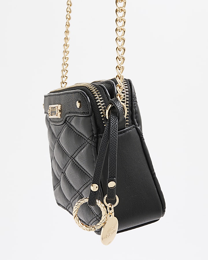 Black Faux Leather Quilted Cross Body Bag