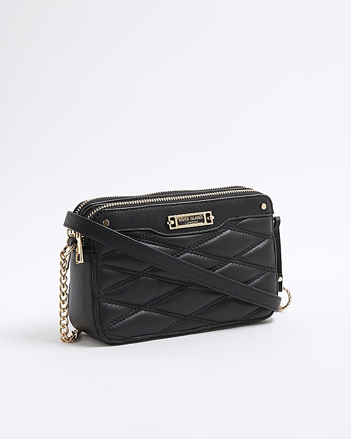 Black Faux Leather Quilted Cross Body Bag