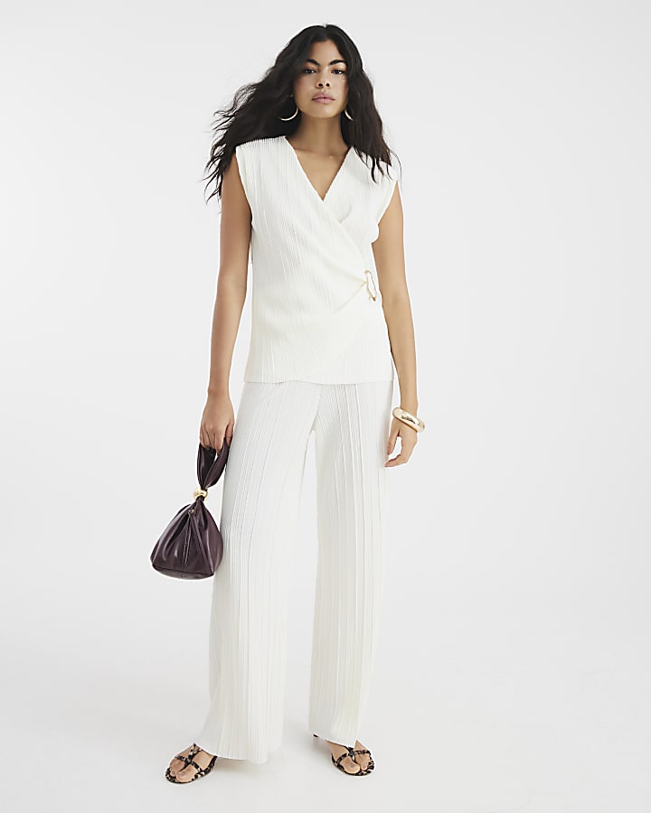 Cream Plisse Wide Leg Trousers