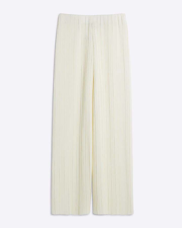 Cream Plisse Wide Leg Trousers