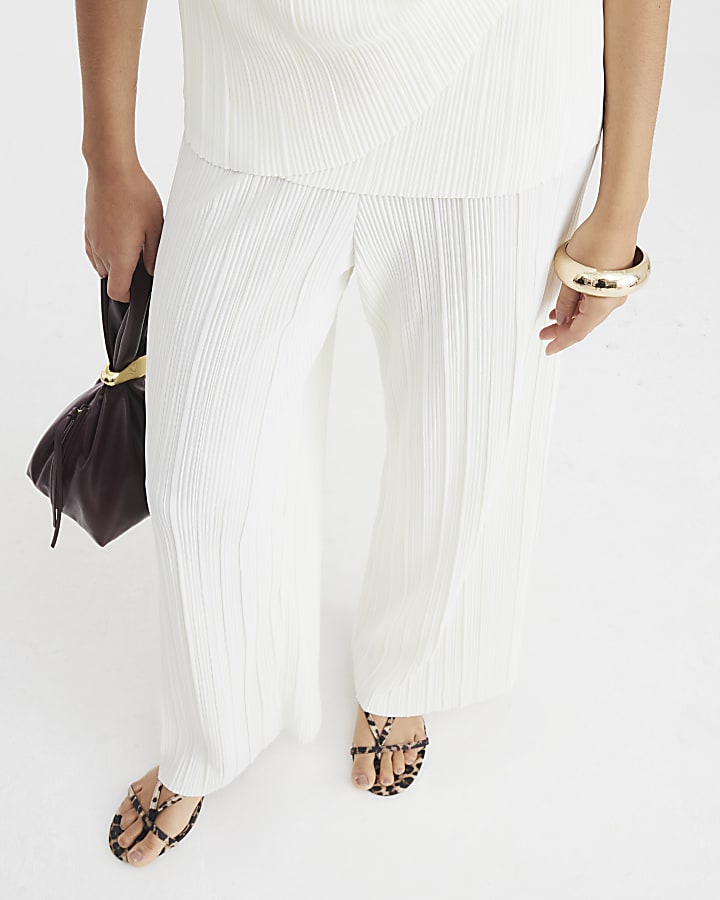 Cream Plisse Wide Leg Trousers
