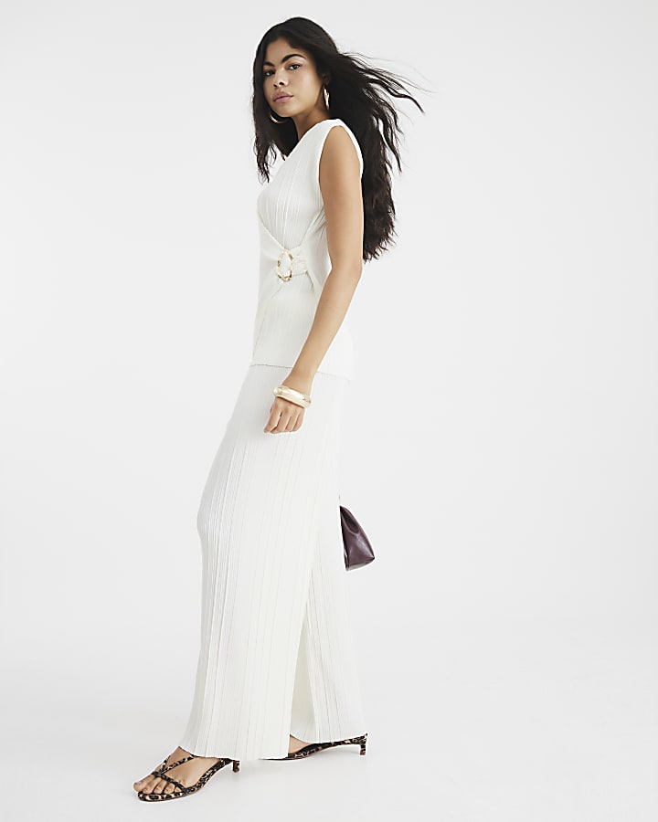 Cream Plisse Wide Leg Trousers
