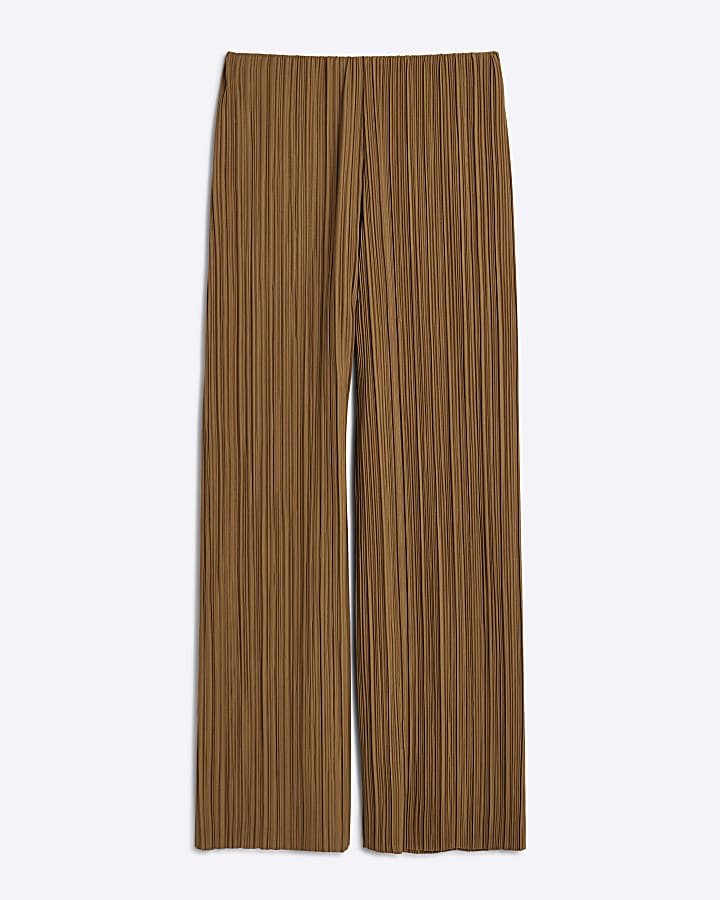 Brown Plisse Wide Leg Trousers