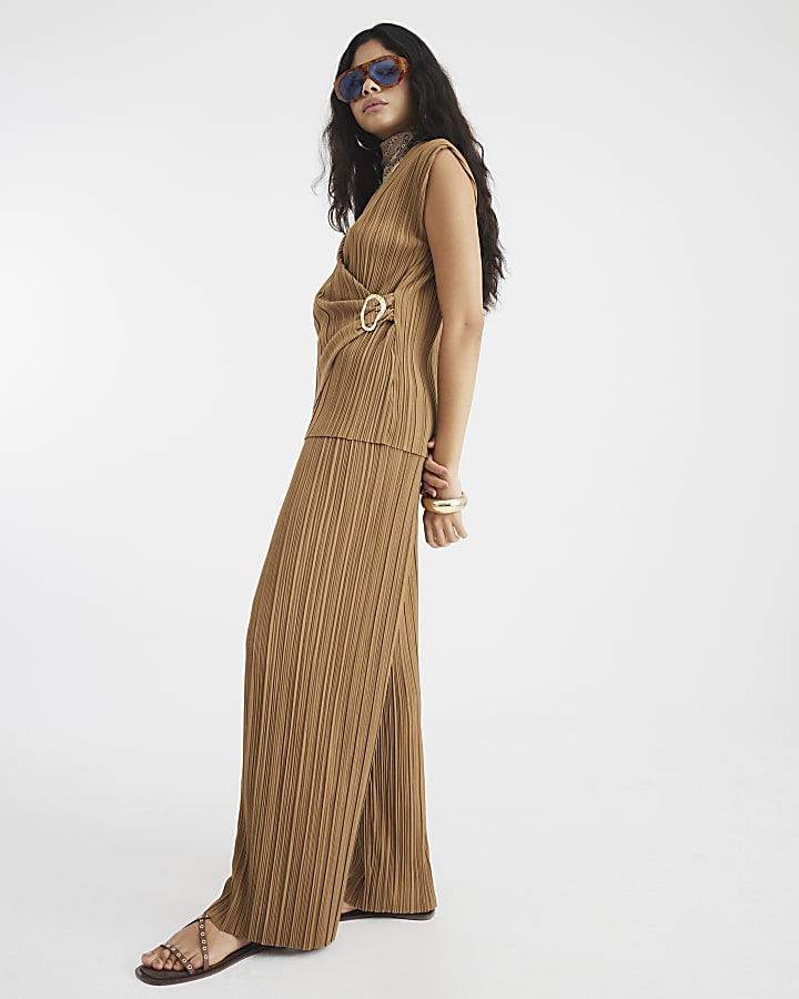 Brown Plisse Wide Leg Trousers