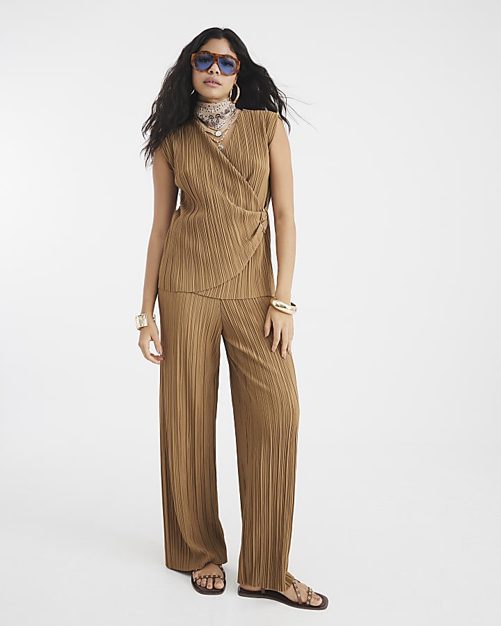 Brown Plisse Wide Leg Trousers