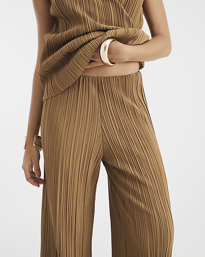Brown Plisse Wide Leg Trousers