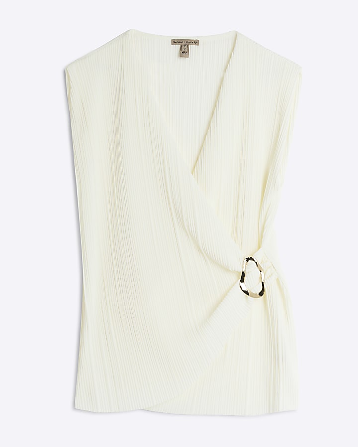 Cream Sleeveless Plisse Wrap Top